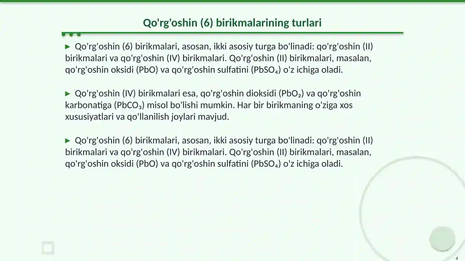 Qo'rg'oshin (6) birikmalari va xossalari 4