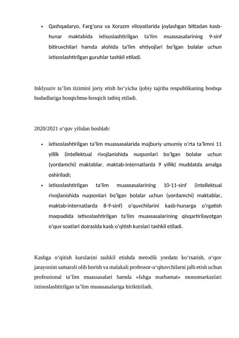 ALOHIDA T'LIM EHTIYOJLARI BO'LGAN BOLALAR O'QITILADIGAN TA'LIM MUASSASALARNI ZARUR ADABIYOTLAR, METODIK QOʻLLANMALAR, TURLI KASBLARGA O'QITISH UCHUN USKUNA VA JIHOZLAR BILAN TA'MINLASHGA QARATILGAN CHORA-TADBIRLARNI AMALGA OSHIRISH 4