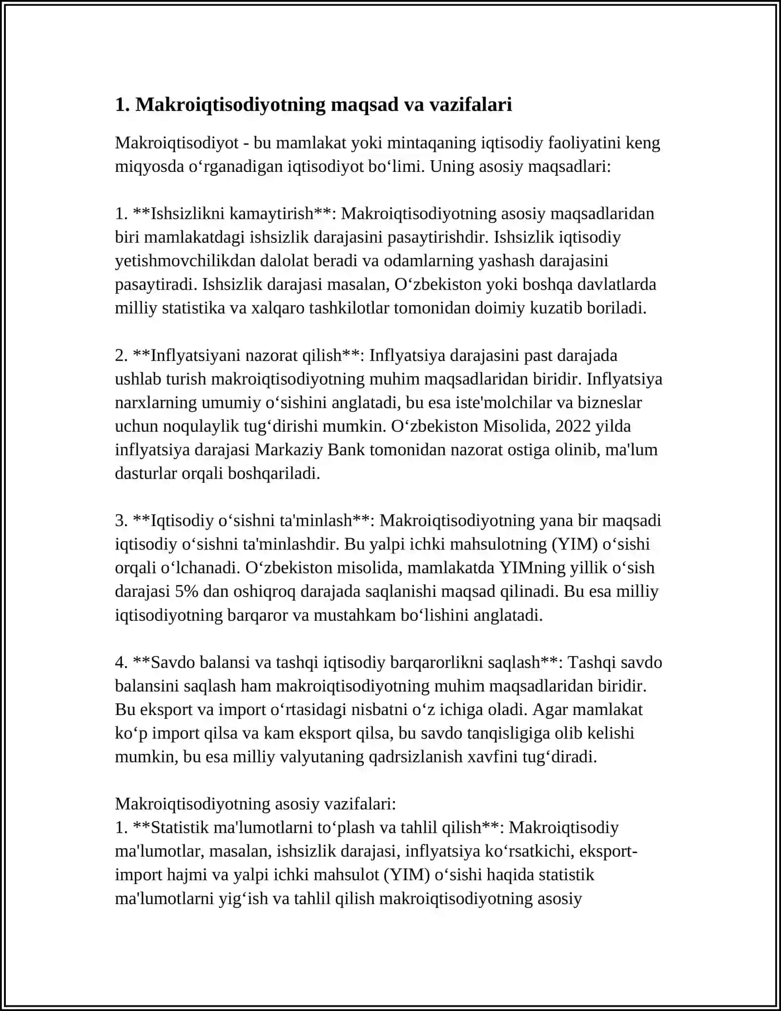 MAKROIQTISODIYOT. MAKROIQTISODIY TAHLIL VA UNING VAZIFALARI. ASOSIY MAKROIQTISODIY KO’RSATKICHLAR 4