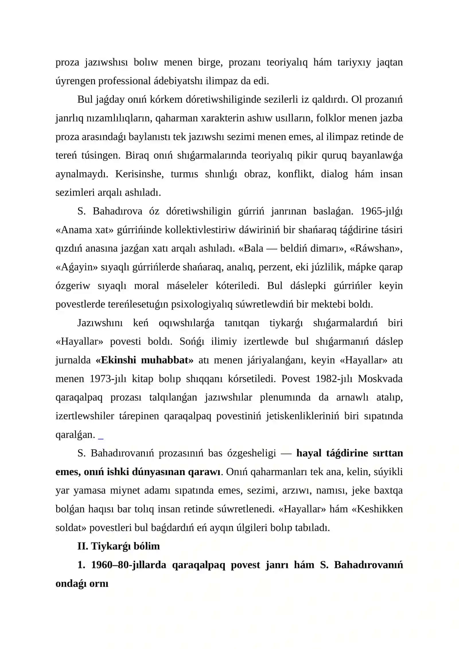 1960–80-jıllardaǵı qaraqalpaq povestleri: S. Bahadırova shıǵarmaları 4