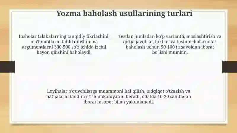 Ta'lim natijalarini baholashning yozma usullari 4