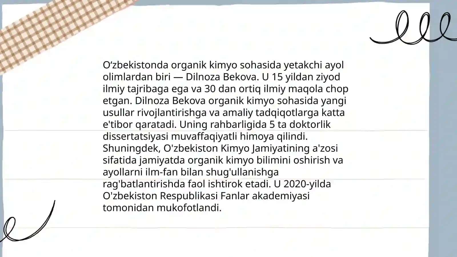 Oʻzbekistonning organik kimyo fani taraqqiyotiga hissa qo‘shgan kimyogar olimalari 4