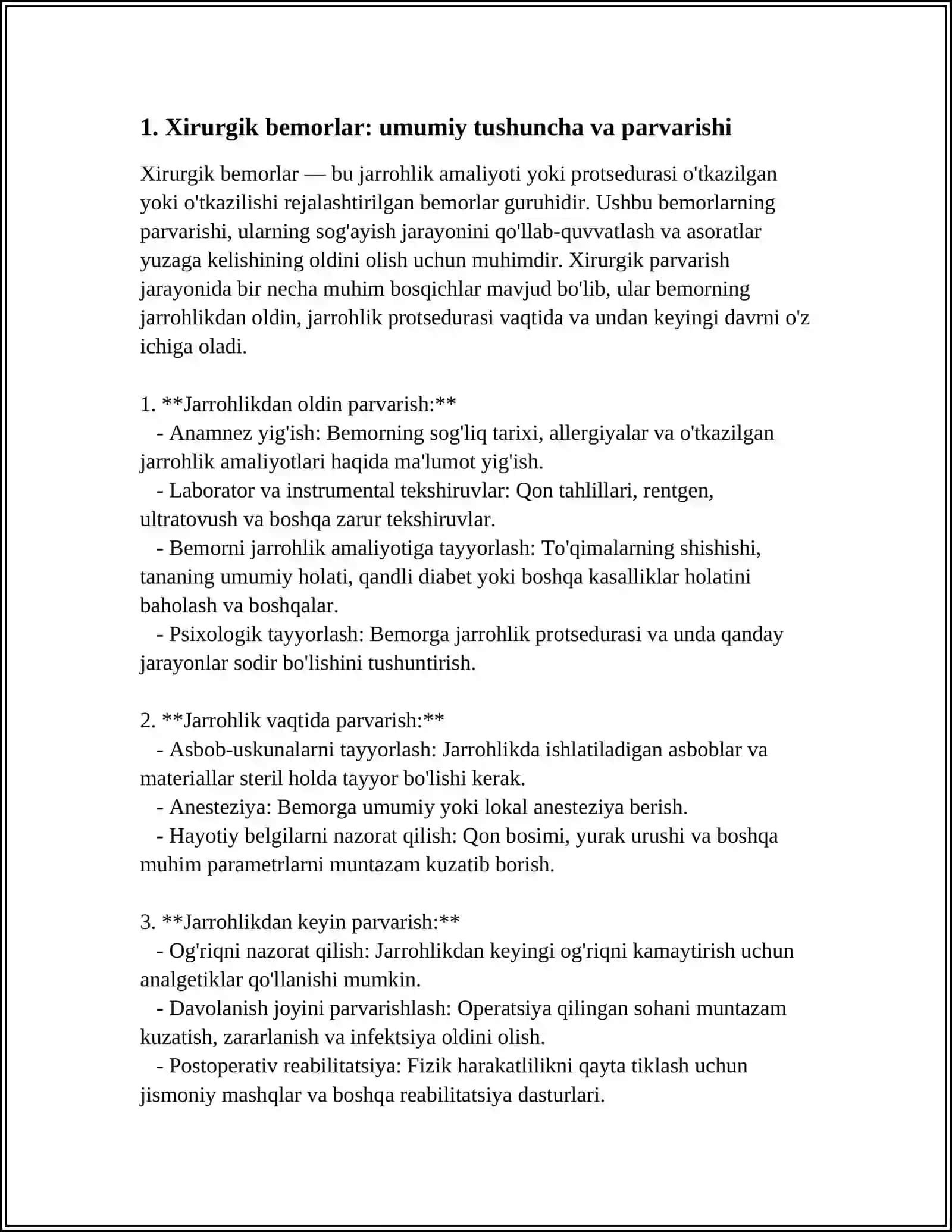 XIRURGIK BEMORLAR. XIRURGIK BEMORLAR UMUMIY PARVARISHI TUSHUNCHASI, TURLARI. XIRURGIK YORDAM TUZILMASI VA UNI TASHKILLASHTIRISH. XIRURGIYA XONASI, TUZILISHI, ULARGA QO‘YILADIGAN TALABLAR, ISHLASH PRINSIPI. XIRURGIYADA TIBBIYOT ETIKASI VA DEONTOLOGIYA ASOSLARI 4