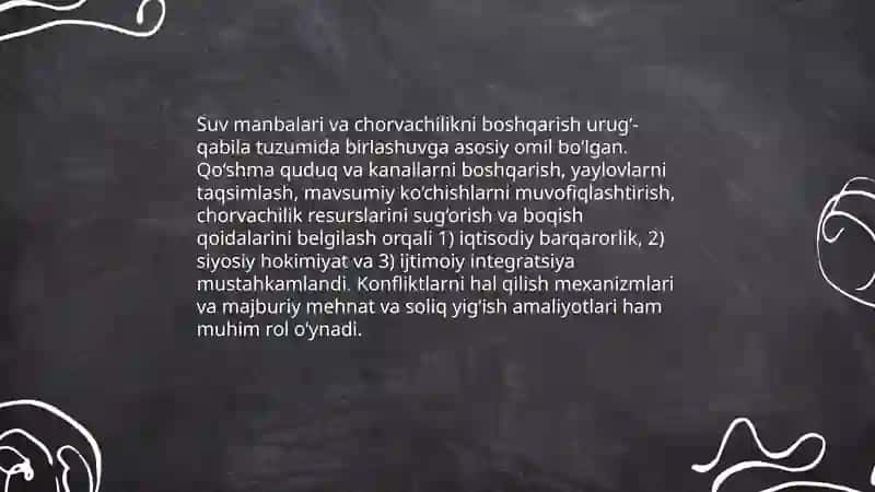 Urugʻ-qabila tuzumida ularning birlashuviga olib kelgan omillar toʻgʻrisida taqdimot tayyorlash 4
