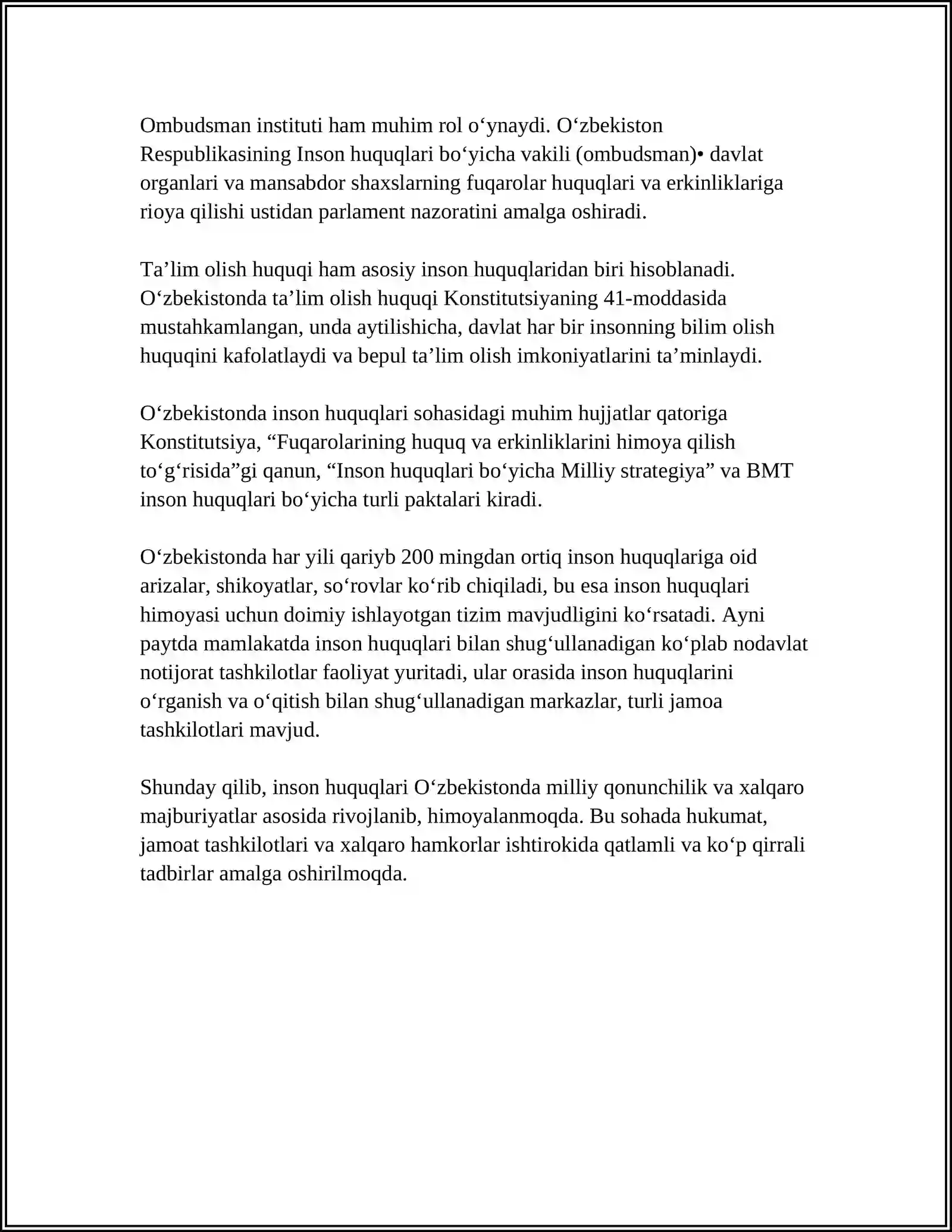 JAN’A O’ZBEKSTANDA INSAN HAQ-HUQIQLARI HA’M ERKINLIKLERI KEPILLIGIN JARATILIWI 4