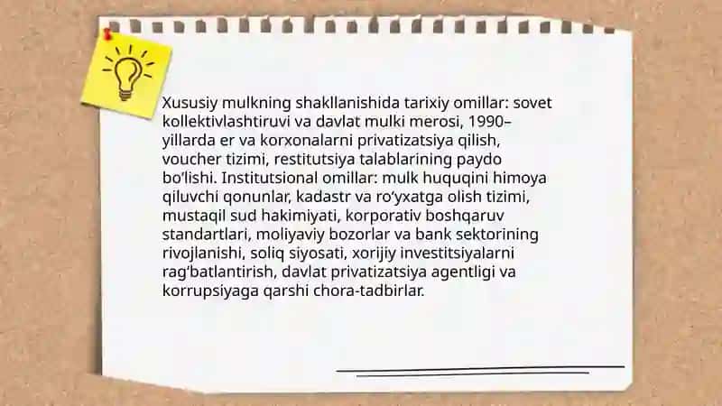 Iqtisodiy islohotlar. Xususiy mulkning shakllanishi. Oʻzbekiston da bozor munosabatlar shakllanishi ba bosqichlari 4