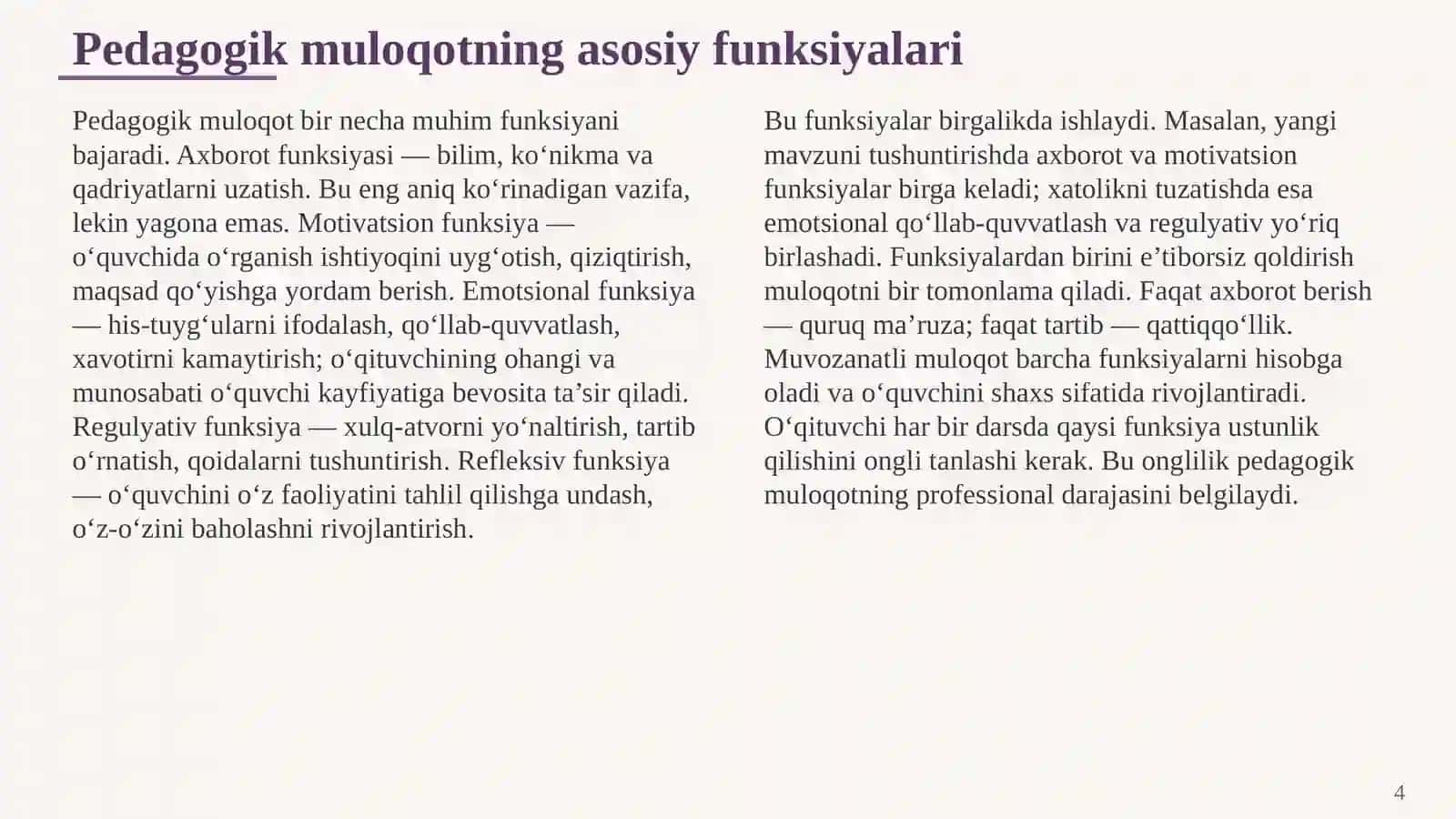 PEDAGOGIK MULOQOT VA O‘QITUVCHI-O‘QUVCHI MUNOSABATLARI 4