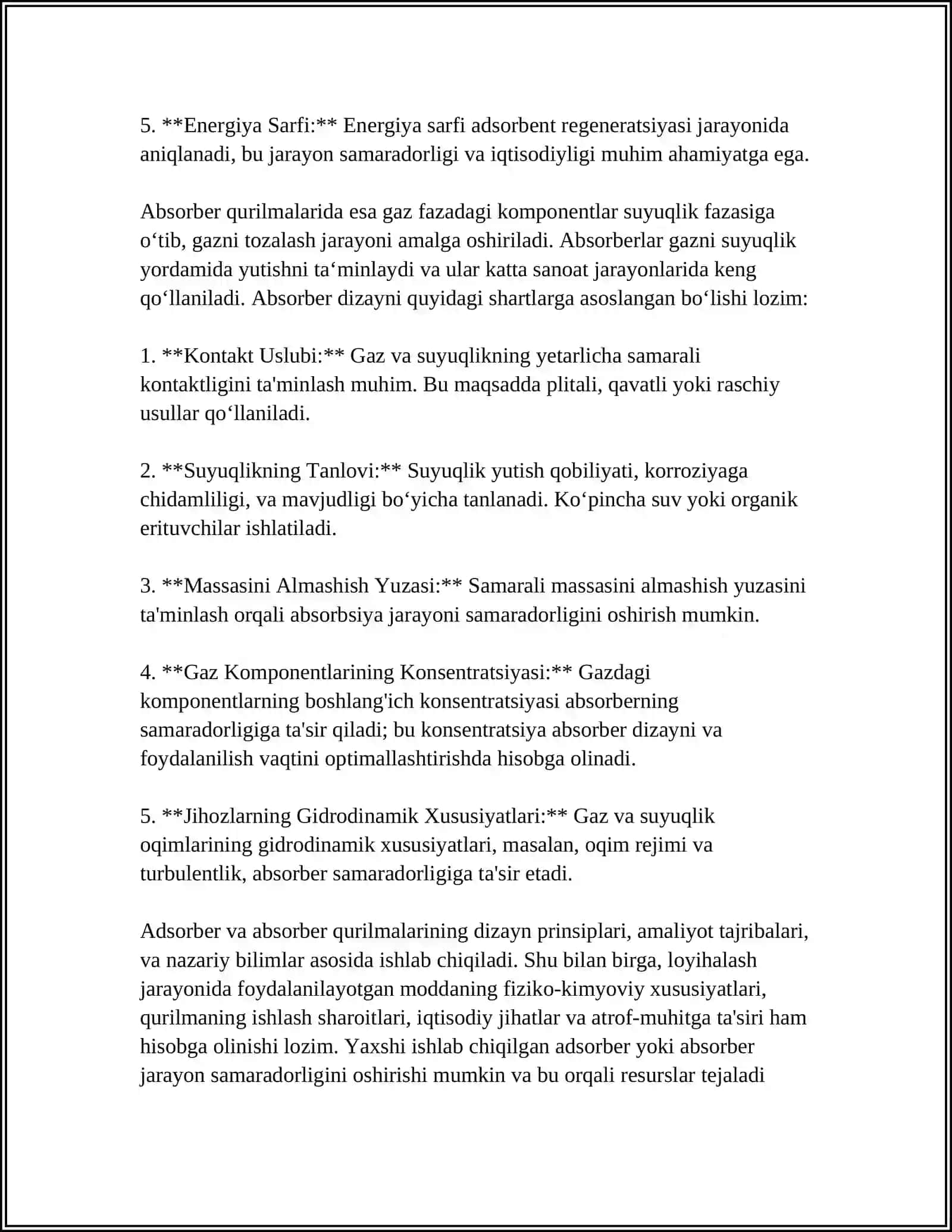 SUYUQLIK VA GAZ ARALASHMALARINI TOZALASH UCHUN ADSORBER VA ABSORBER QURILMASINI HISOBLASH VA LOYIHALASH 4