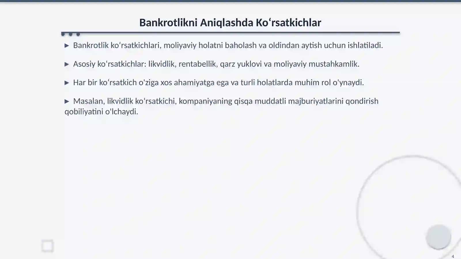 Bankrotlikni Aniqlash: Ko‘rsatkichlar Tizimi 4
