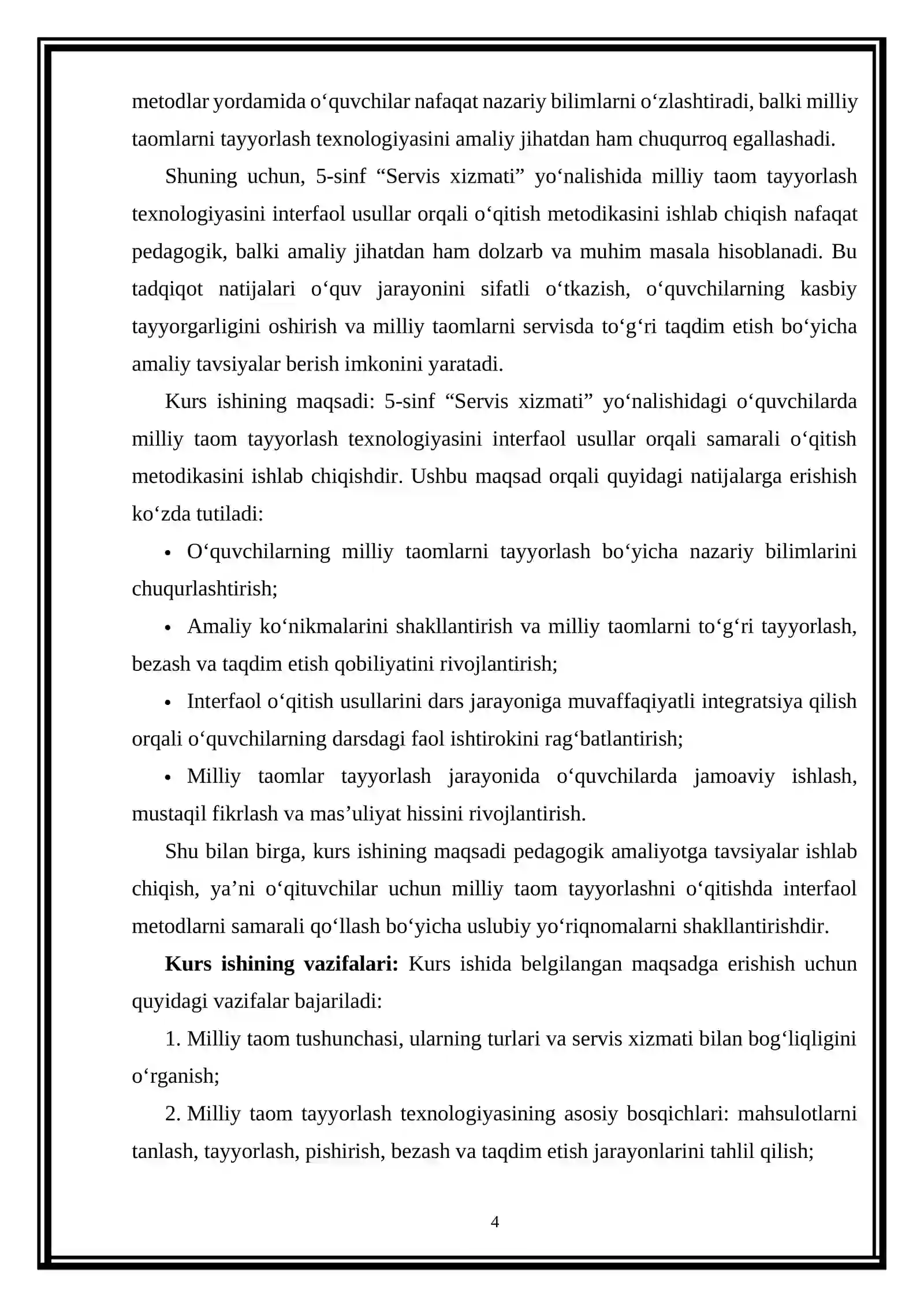 “Milliy taom tayyorlash texnologiyasi” mavzusini interfaol usullardan foydalanib o‘qitish metodikasi 4