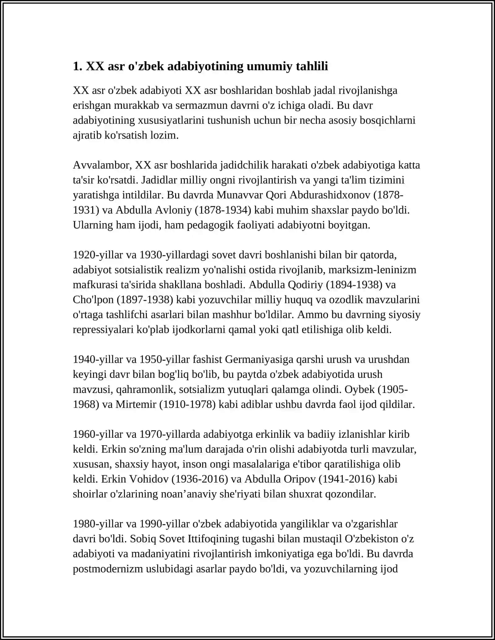 XX ASR O'ZBEK ADABIYOTINING TIL XUSUSIYATLAR, G'AFUR G'ULOM, OYBEK VA A. QAHHOR ASARLARINI O'QIB TUSHUNISH 4