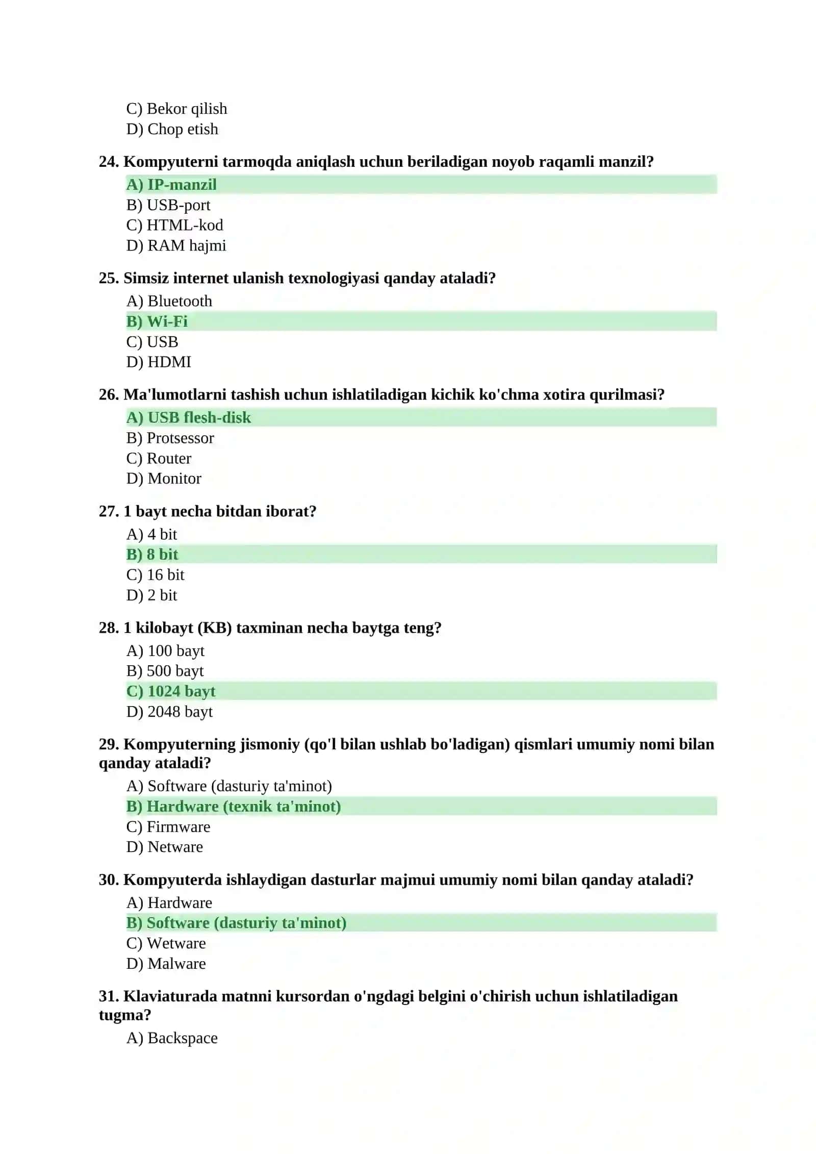 ARGOS test to'plami — Kompyuter savodxonligi (50 savol, javoblar bilan) 4
