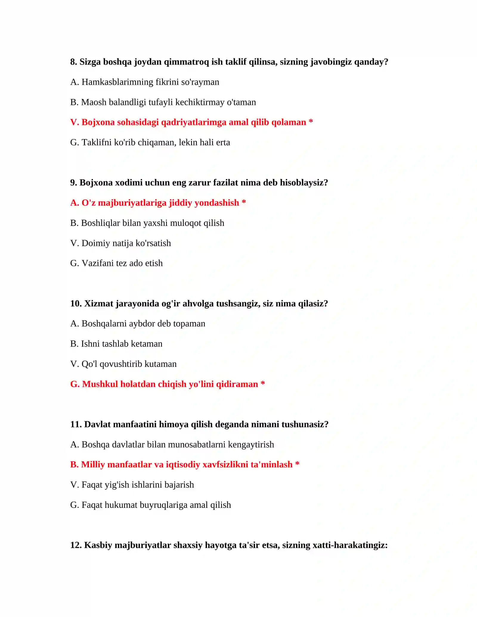 Bojxona psixologik test savollari va javoblari 4