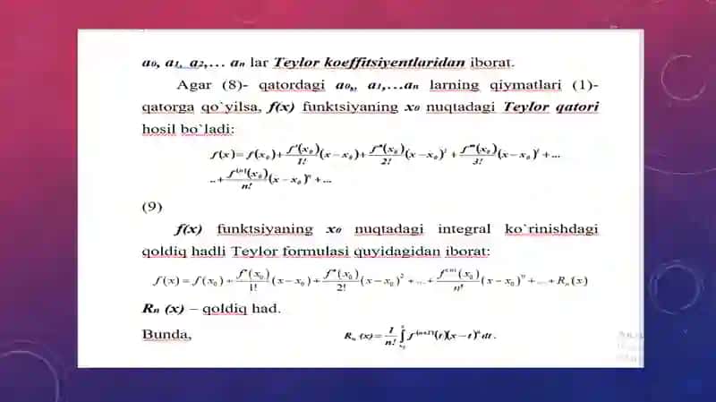 Funksiyalarni Teylor va Makloren qatorlariga yoyishga doir misollar  1.Teylor qatori.2. Makloren qatori.3. Elementar funktsiyalarni darajali qatorlarga yoyish. 4
