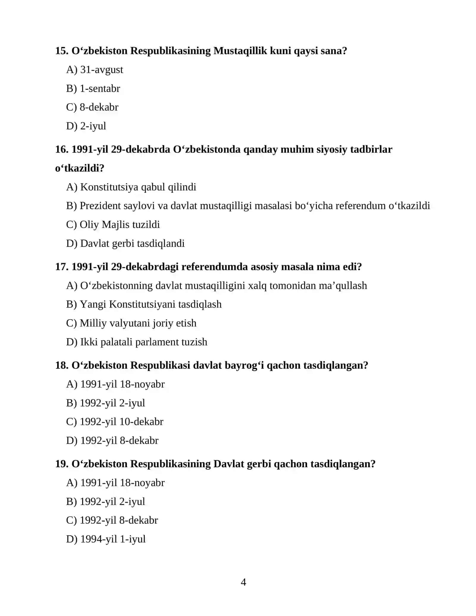 O‘ZBEKISTONNING ENG YANGI TARIXI FANIDAN 100 TA TEST SAVOLI 4