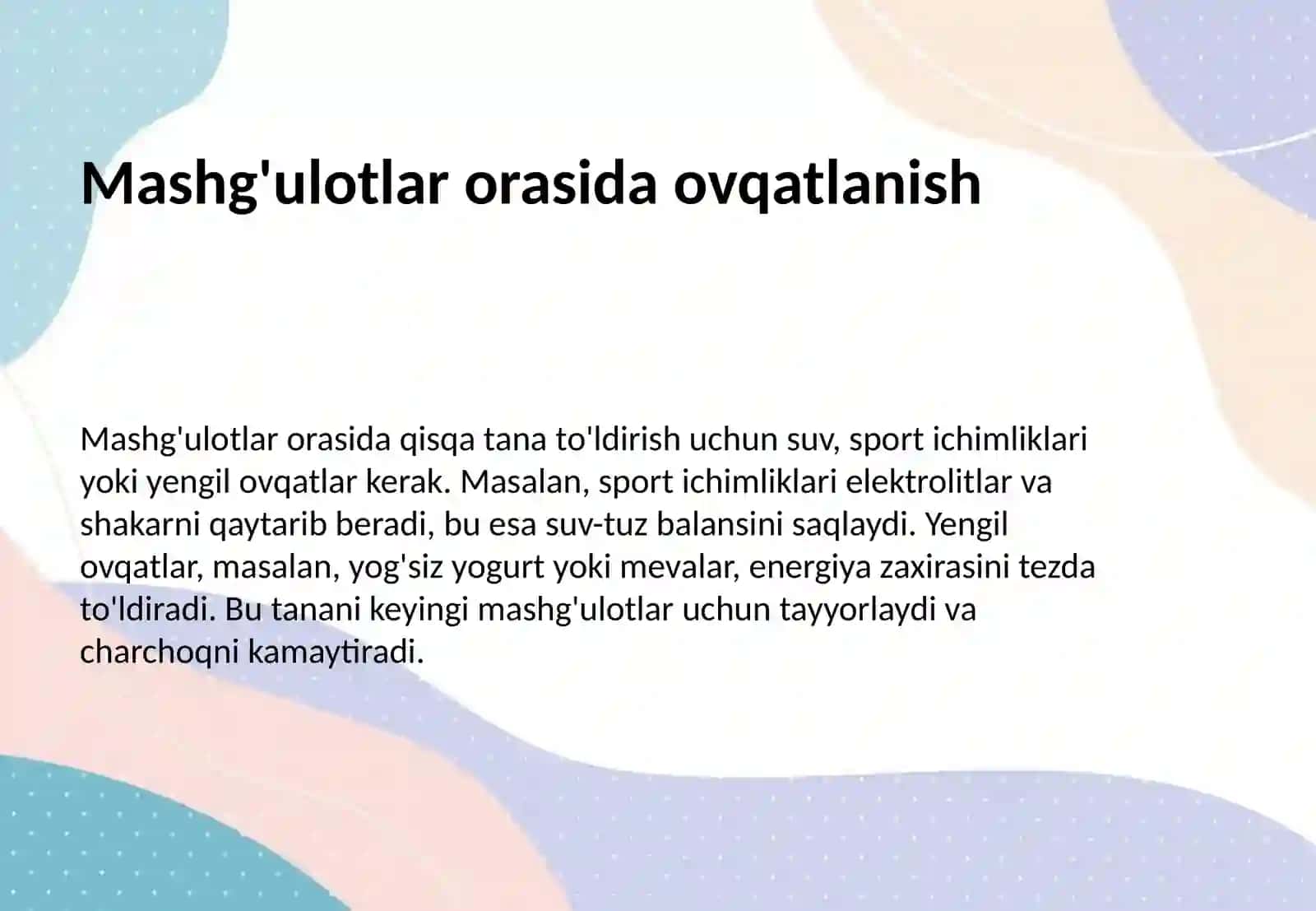 Jismoniy tarbiya mashg'ulot davrida ovqatlanish gigiyenasi 4