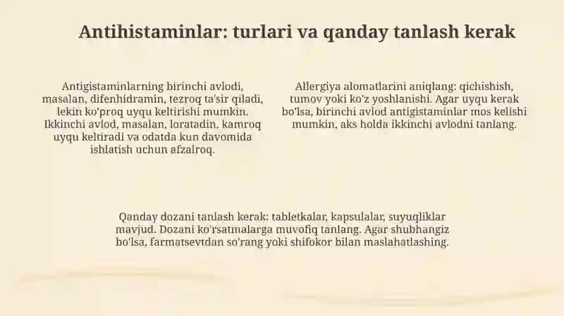 Allergiya alomatlarini davolash uchun retseptsiz dorilar: Turlari va tanlash bo'yicha qo'llanma 4