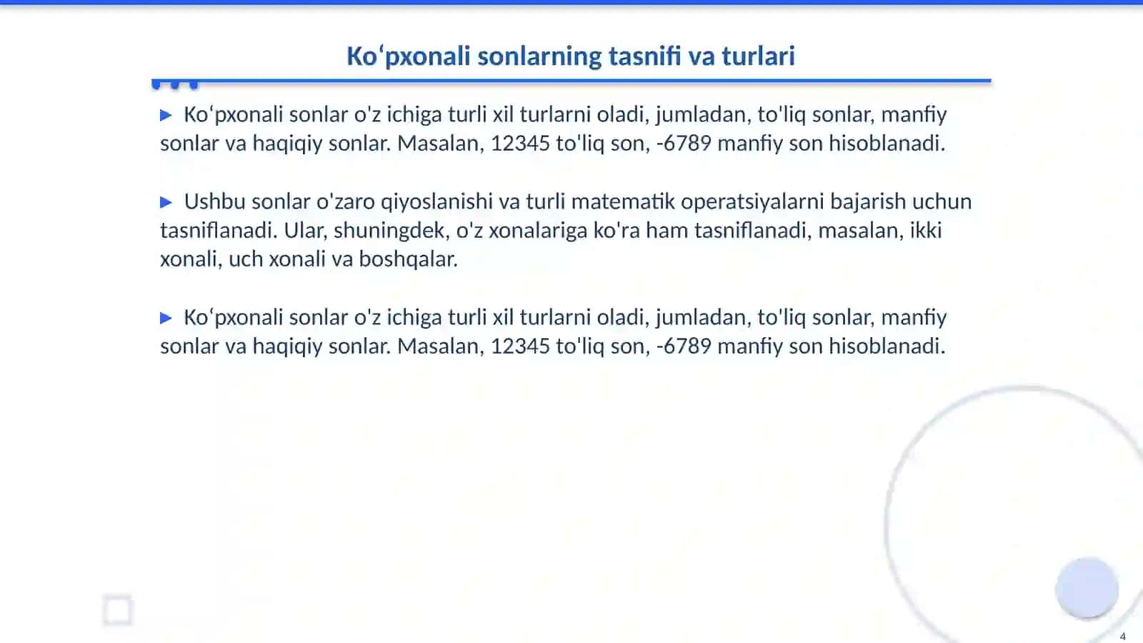 Ko‘pxonali sonlar ustida ishlash 4