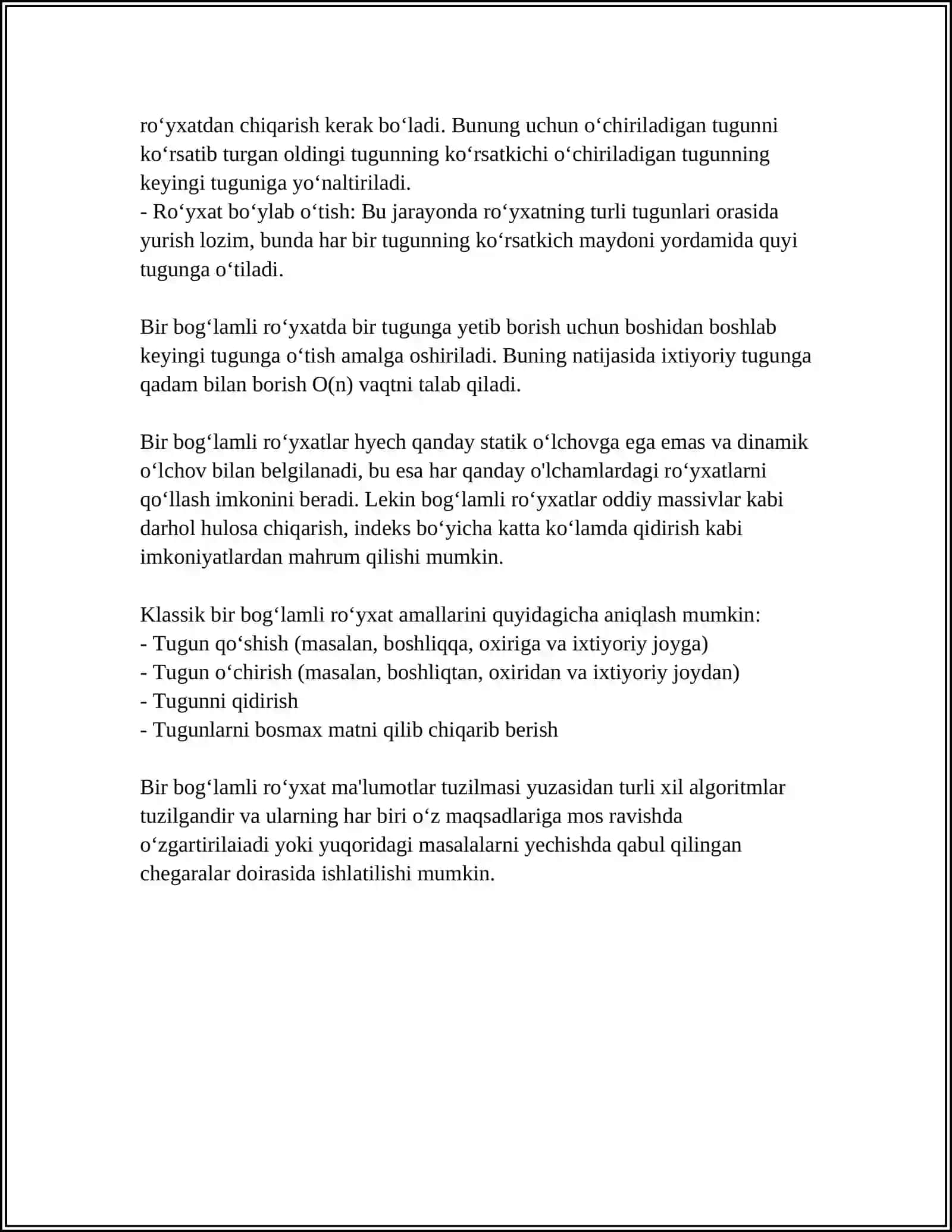 BIR BOGʻLAMLI ROYXATLAR USTIDA AMALLAR VA ULARNING ALGORITMLARI 4