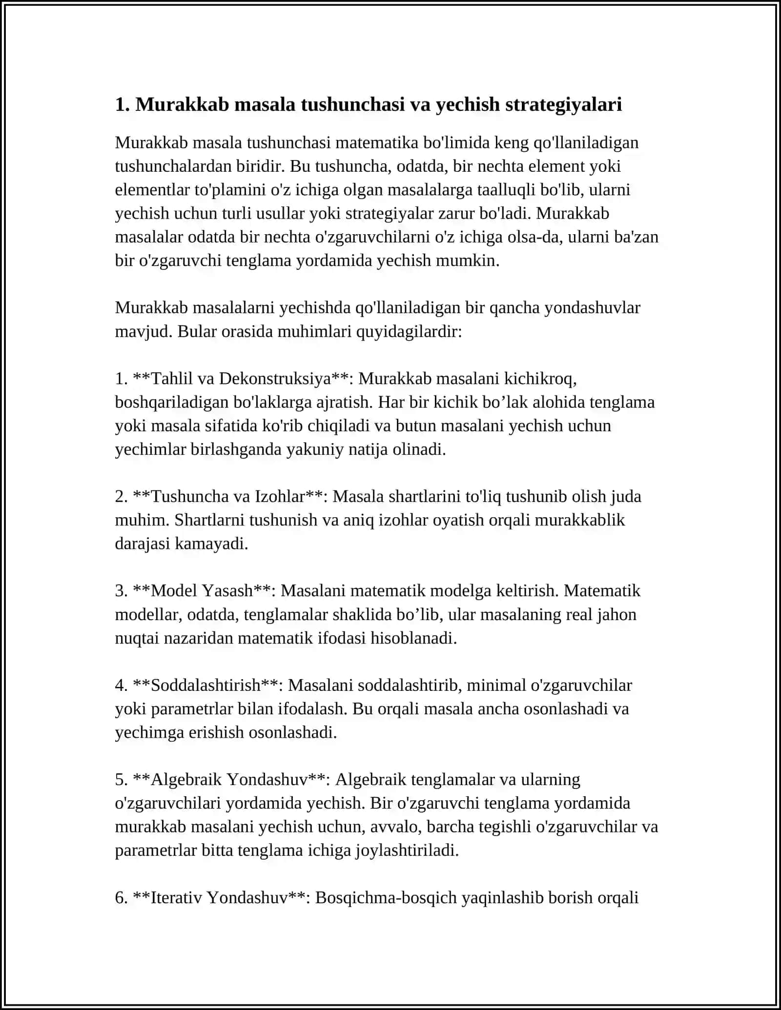 MURAKKAB MASALALAR YECHISH USULLARI. MASALAN BIR O'ZGARUVCHI TENGLAMA YORDAMIDA YECHISH 4