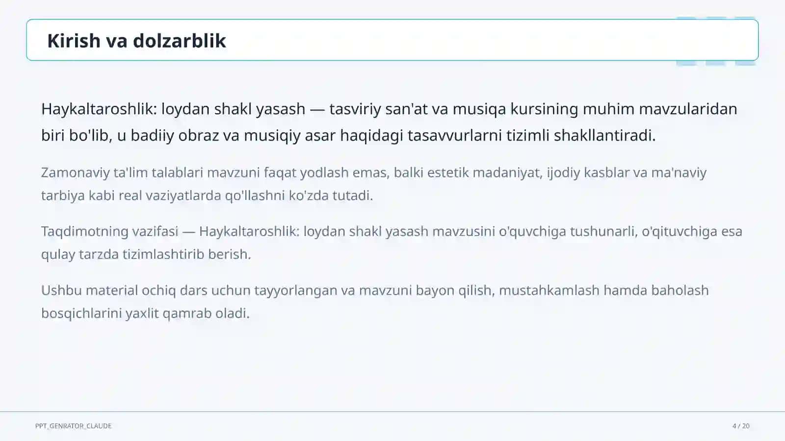 Haykaltaroshlik: loydan shakl yasash (4-sinf) 4