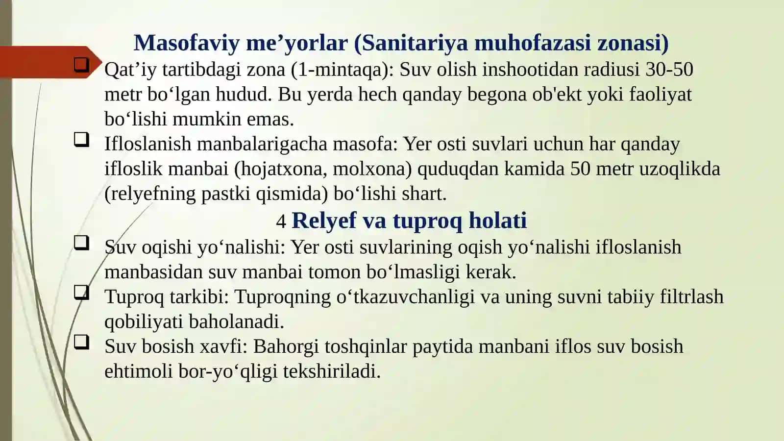 Suv taminoti manbalarini va tozalash inshootlarini sanitar-texnik, sanitar-topografik, sanitar-bakte 4