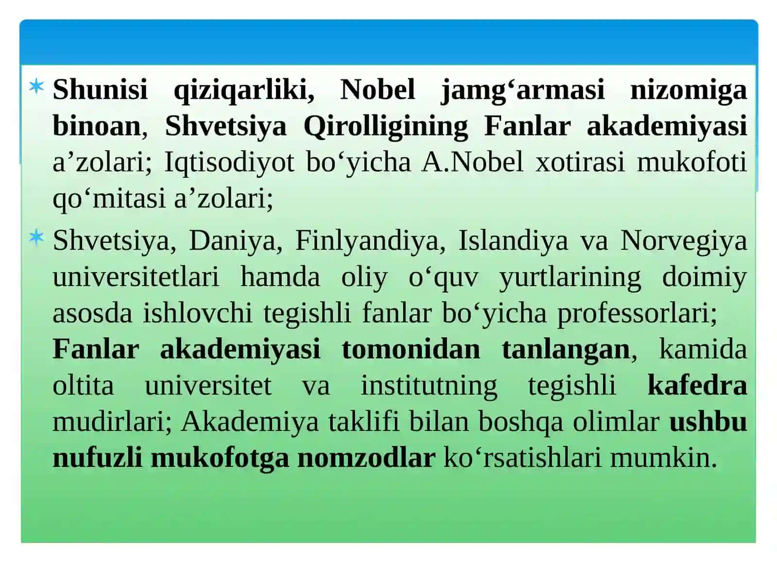 IQTISODIYOT BO‘YICHA NOBEL MUKOFOTI LAURIATLARINING G‘OYALARI 4