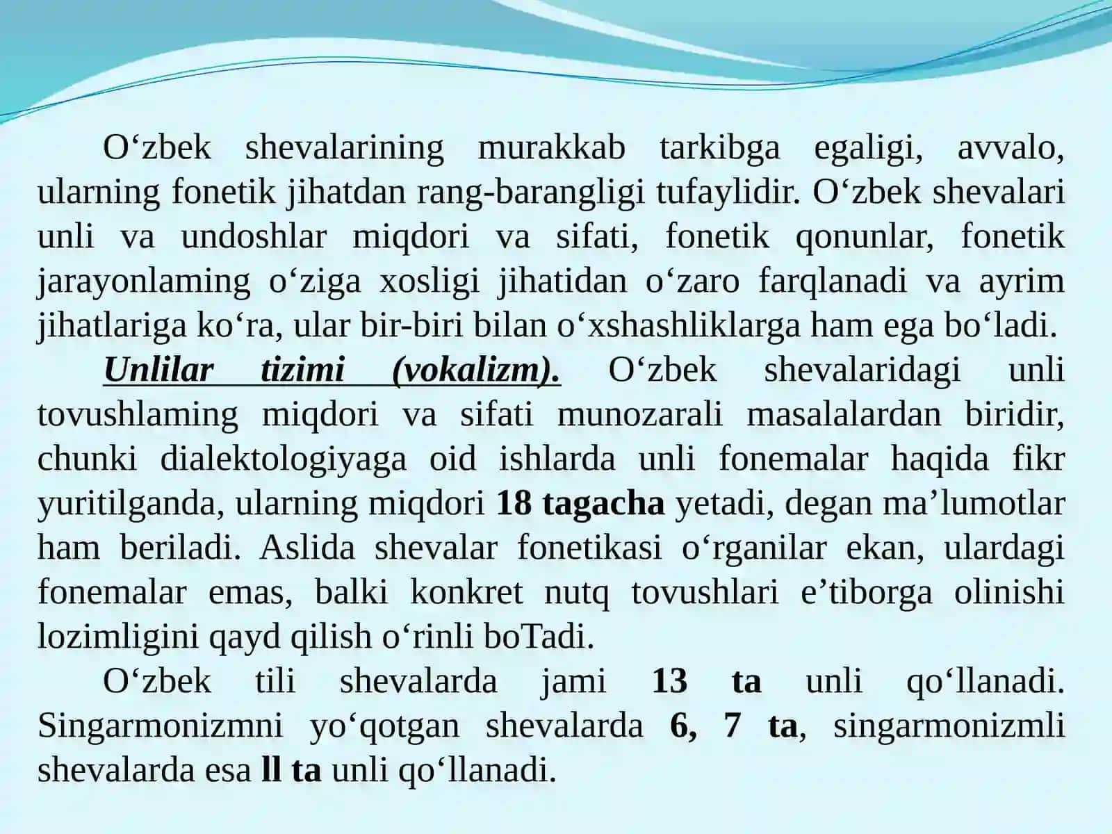 Shevalarning fonetik xususiyatlari. Shevalarda fonetik qonunlar. Shevalarda fonetik jarayonlar. O‘zbek shevalari leksikasi 4