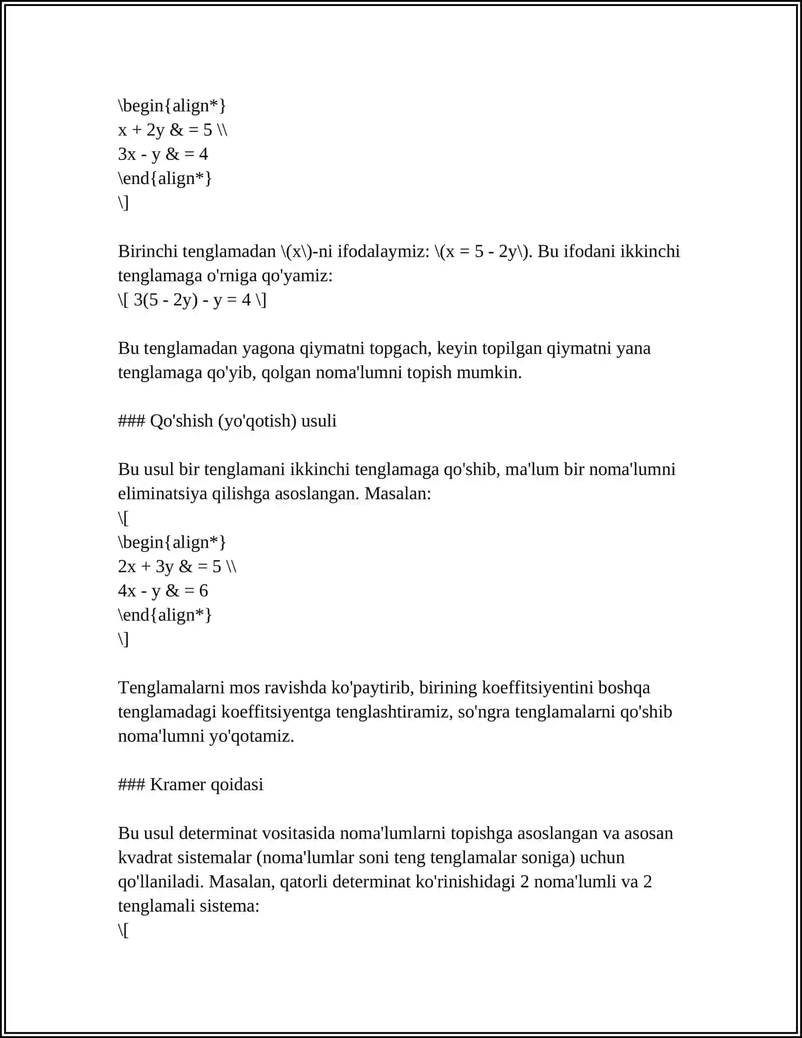 CHIZIQLI TENGLAMALAR SISTEMASI. KRAMER VA GAUSS USULLARI 4