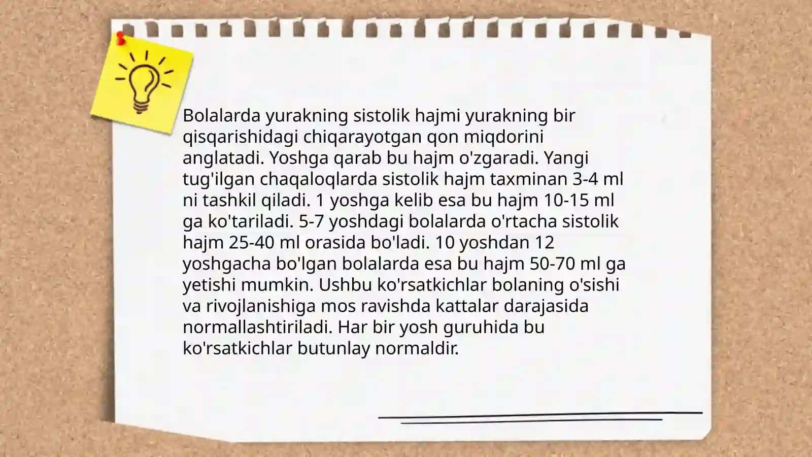 Turli yoshdagi bollarda me'yorda va turli jismoniy ishdan keyingi yurak chastotasi aniqlanib, yurakninv sistolik va minutlik hajmini aniqlash 4