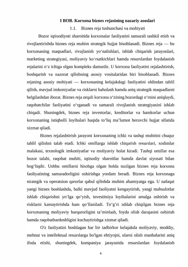 Korxona biznes rejasi va uning asosiy bo'limlari 4