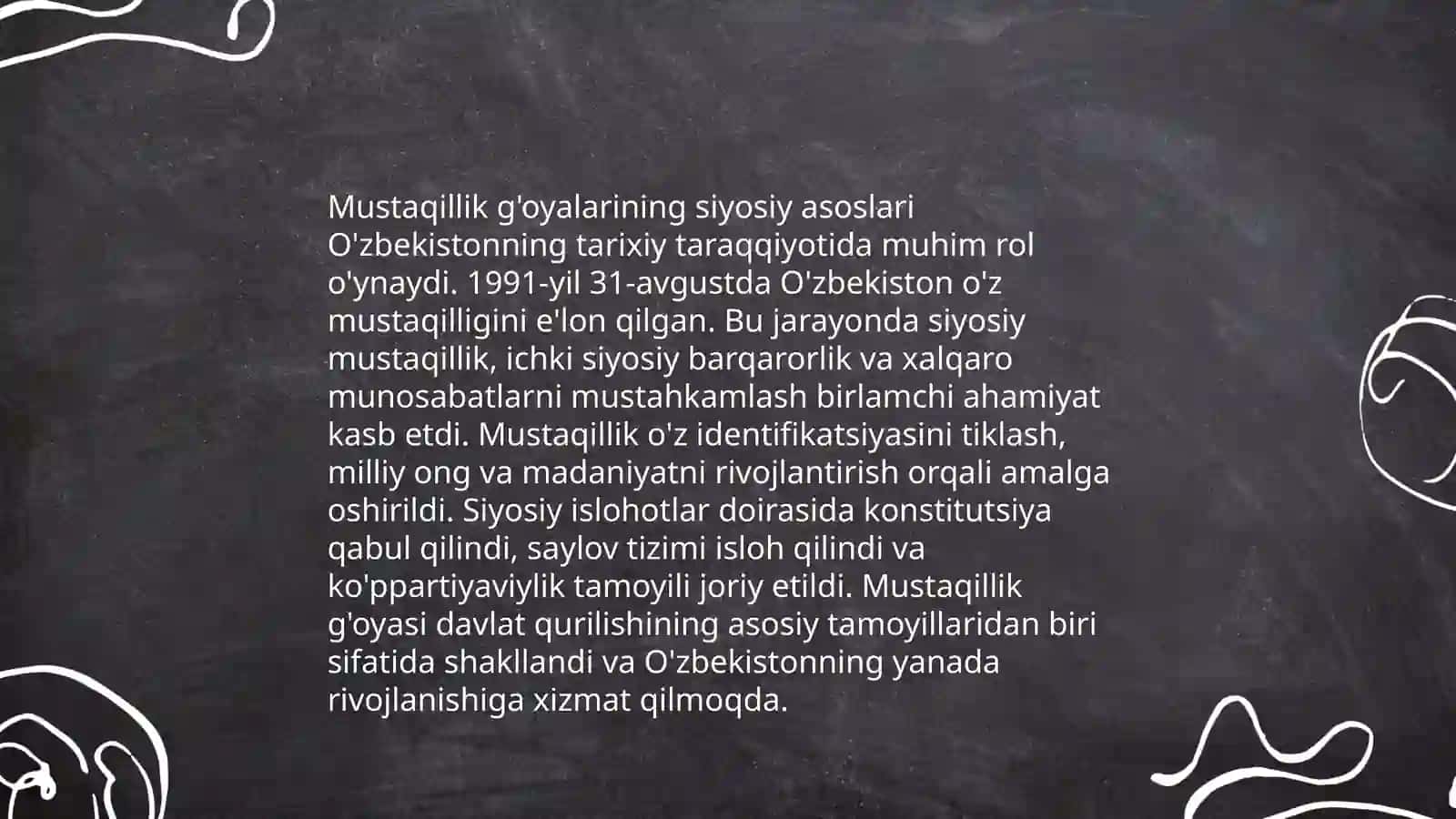 O‘ZBEKISTONDA MUSTAQILLIK G’OYALARINING TARIXIY ASOSLSRI- SIYOSIY, IJTIMOIY-IQTISODIY VA MADANIY HAYOT 4