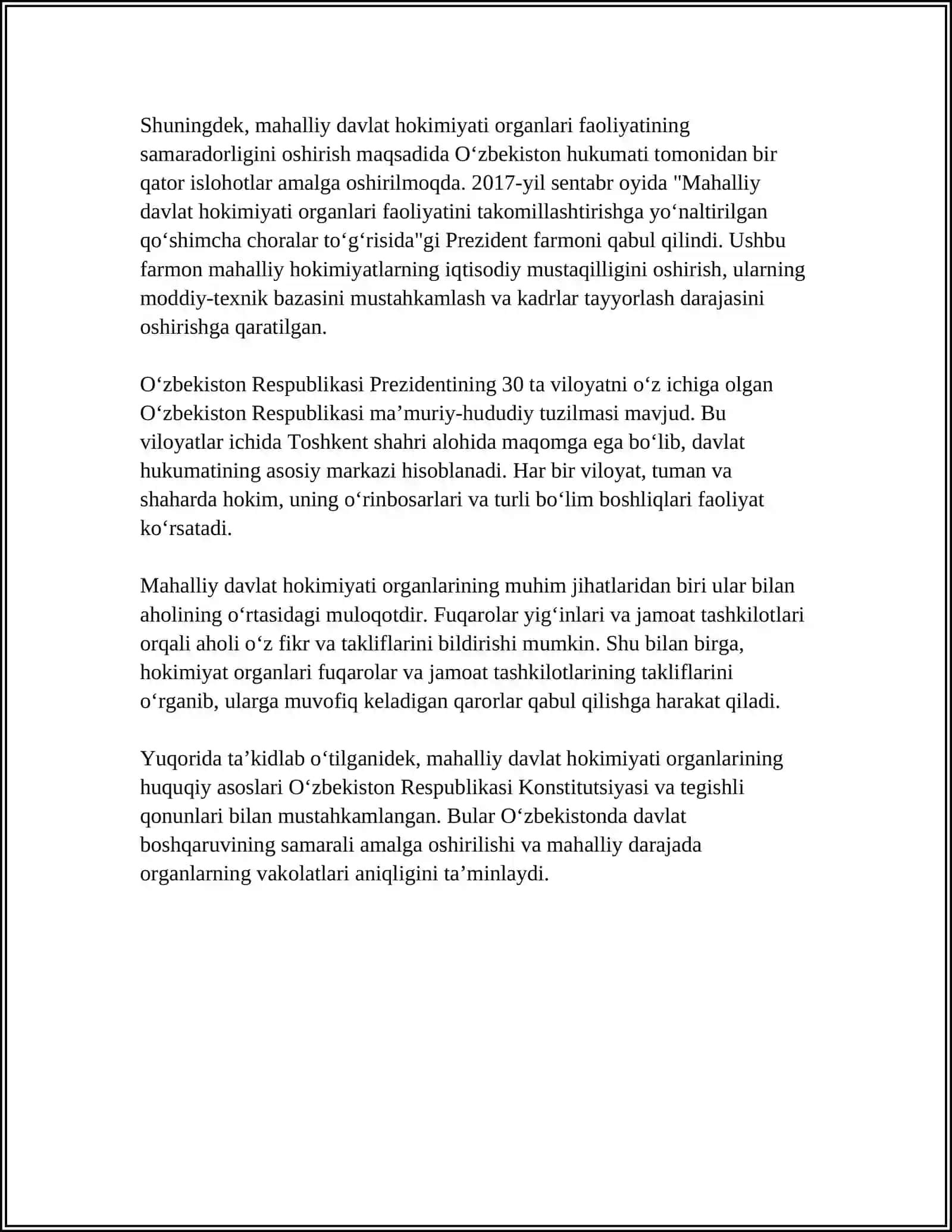 MUSTAQIL ISH Mavzu: MAHALLIY DAVLAT HOKIMYAT ORGANLARI TIZIMI, VAZIFASI 4