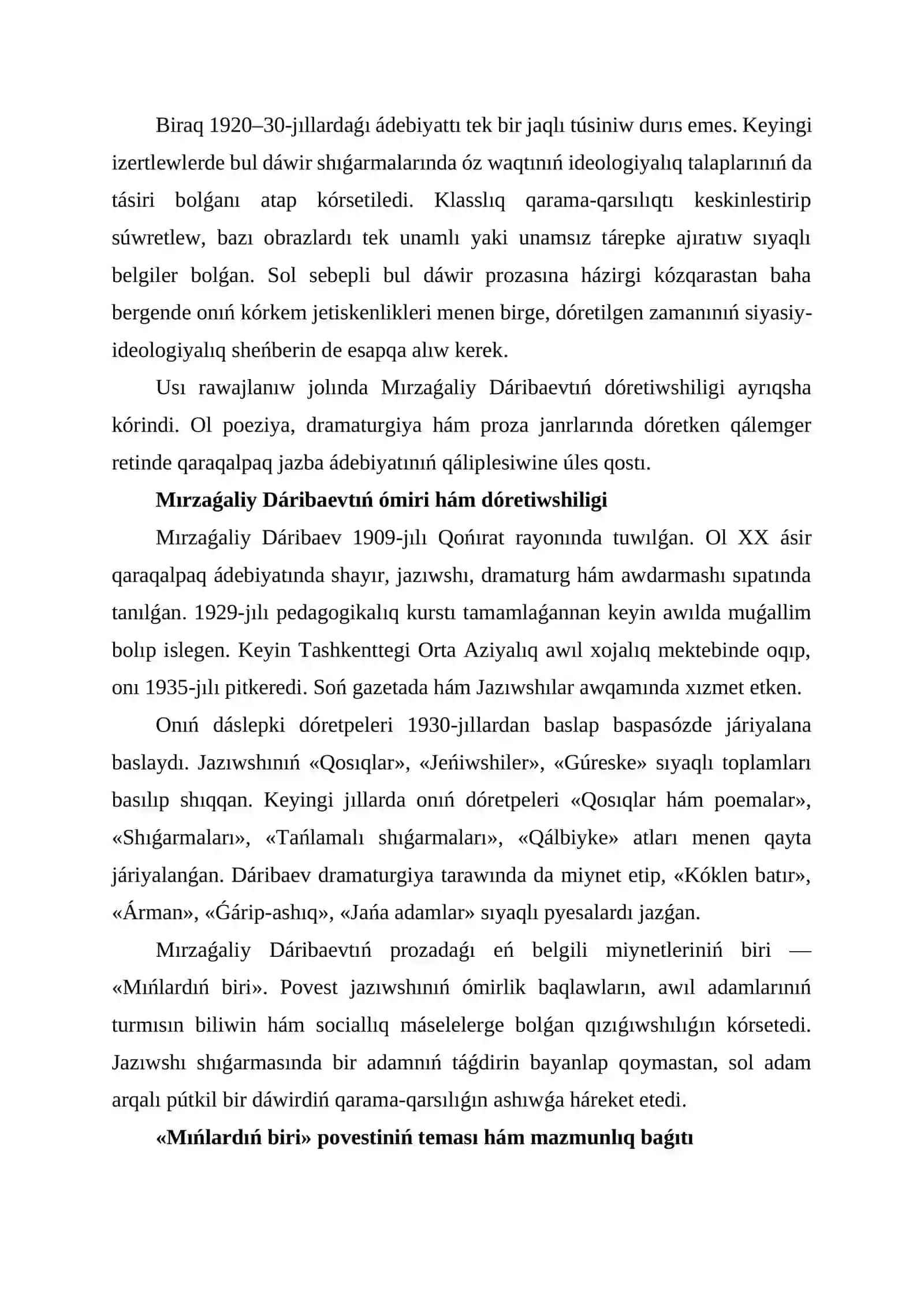 1920–30-jıllardaǵı qaraqalpaq prozası M. Dáribaevtıń «Mıńlardıń biri» povesti 4