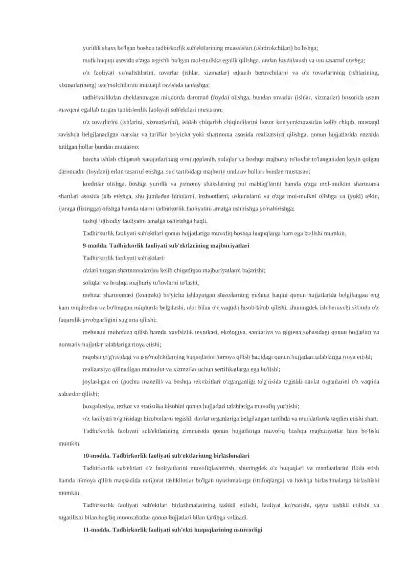 Tadbirkorlik faoliyati erkinligining kafolatlari to'g'risida 4
