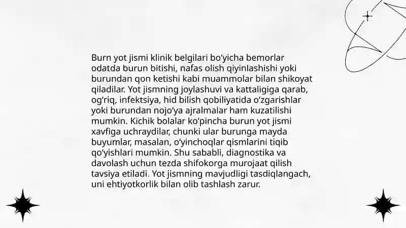 Burun yot jismi etiologiyasi,klinikasi,tashxislash,differensial tashxislash,davolash 4