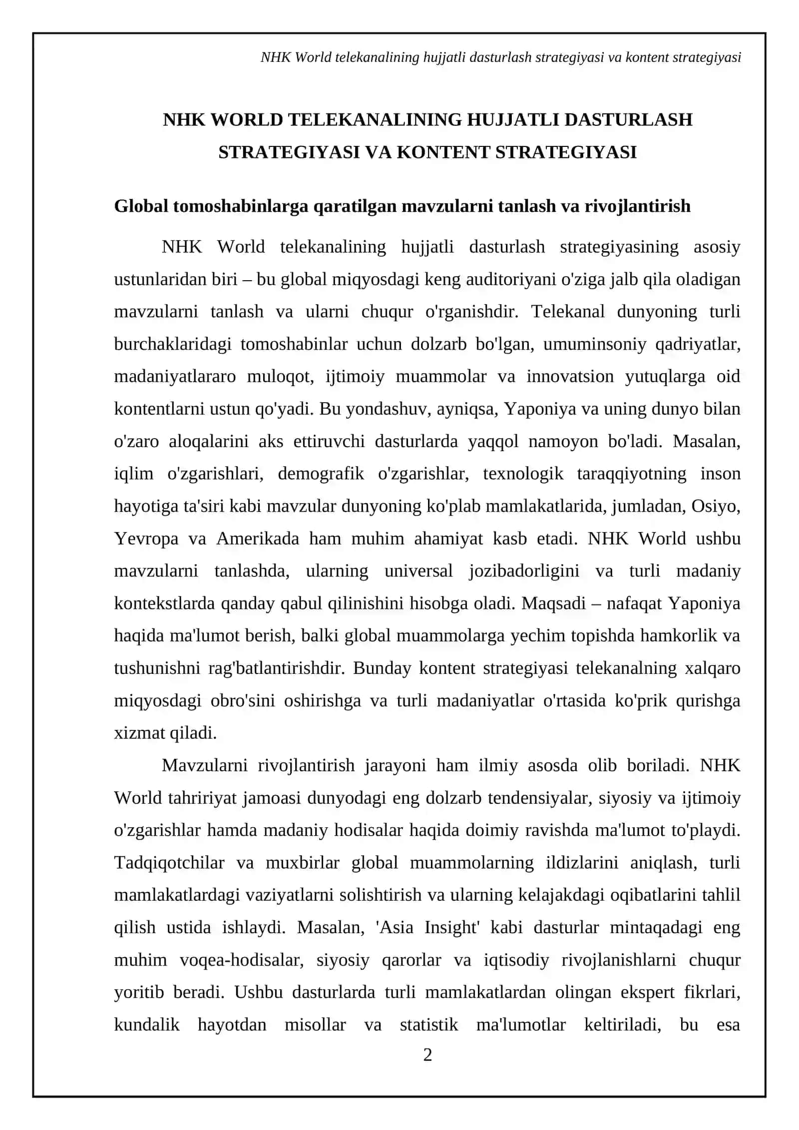 NHK World telekanalining hujjatli dasturlash strategiyasi va kontent strategiyasi 4