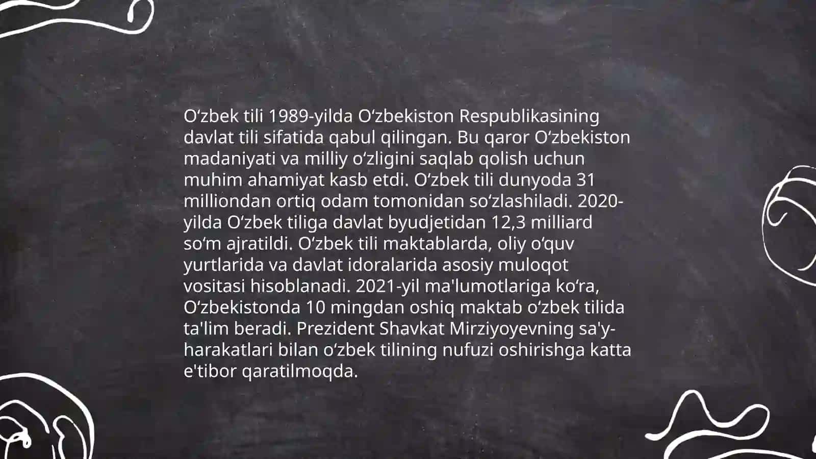 "O'zbek tilining davlat tili sifatidagi nufuzi va mavqeyini tubdan oshirish chora tadbirlari toʻgʻrisida"gi Farmoni 4