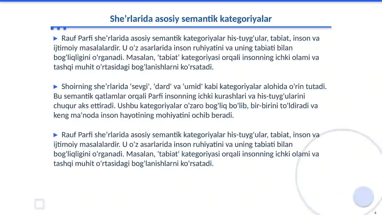 Rauf Parfi sheʼrlarini leksik-semantik jihatdan tahlil qilish 4