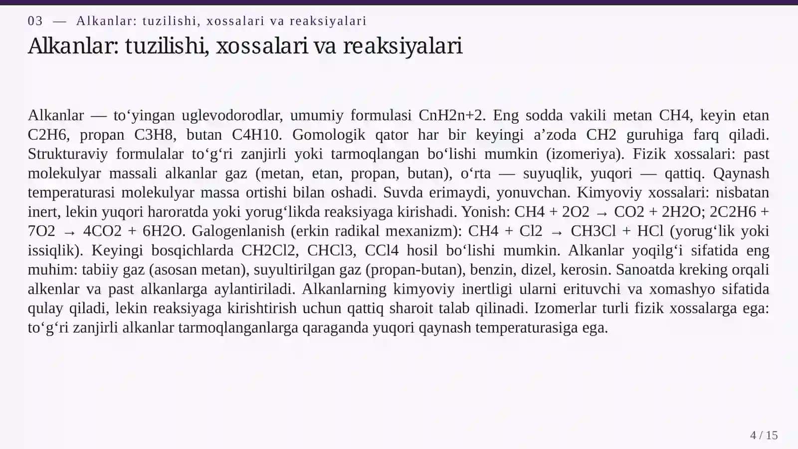 ORGANIK BIRIKMALAR: UGLEVODORODLAR, SPIRTLAR VA KARBOKSIL KISLOTALAR 4