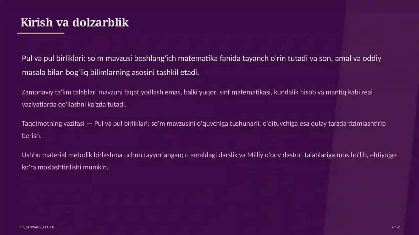 Pul va pul birliklari: so'm (2-sinf) 4