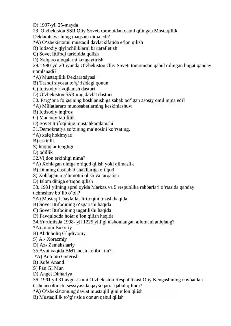 O’ZBEKISTONNING ENG YANGI TARIXI FANIDAN TEST 4