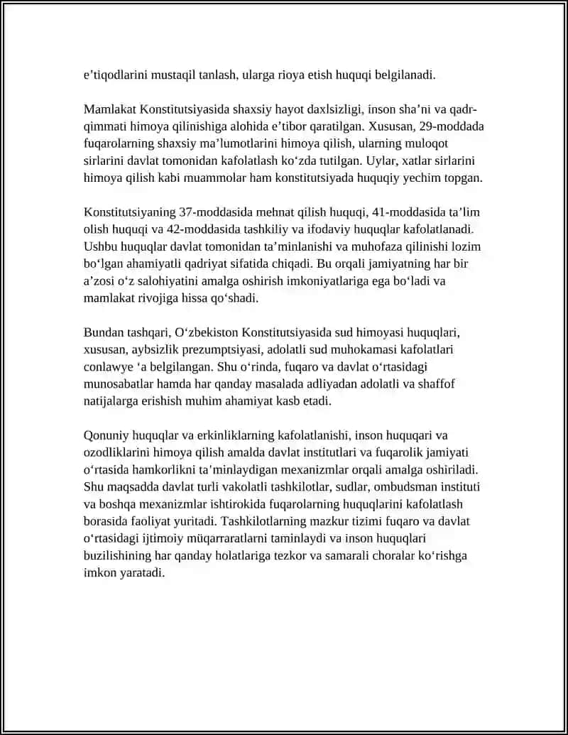INSON HAMDA FUQARONING HUQUQ VA ERKINLIKLARINI KAFOLATLARI. FUQAROLARNING BURCHLARI 4
