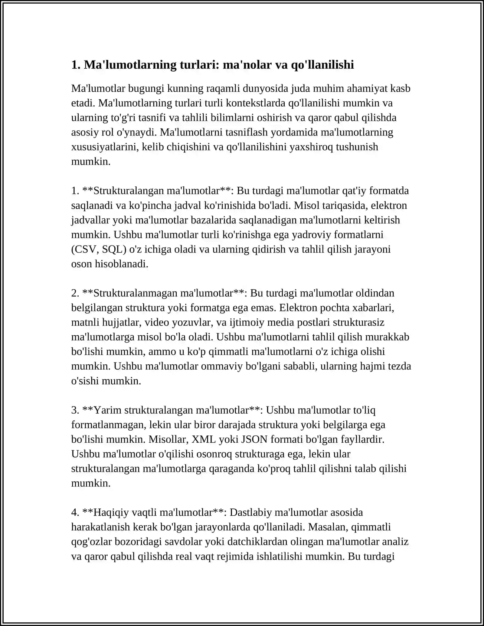 MALUMOTLARNING SOZLANGAN TURLARI MASSIVLAR VECTORLAR YOZUVLAR VA TOLAMLAR VA KORSATKICHLI TURLAR MAVZUSI HAQIDA MUSTAQIL ISH 4