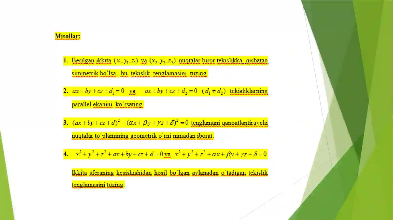 FAZODA TO’G’RI CHIZIQ VATEKISLIKTENGLAMALARI 4