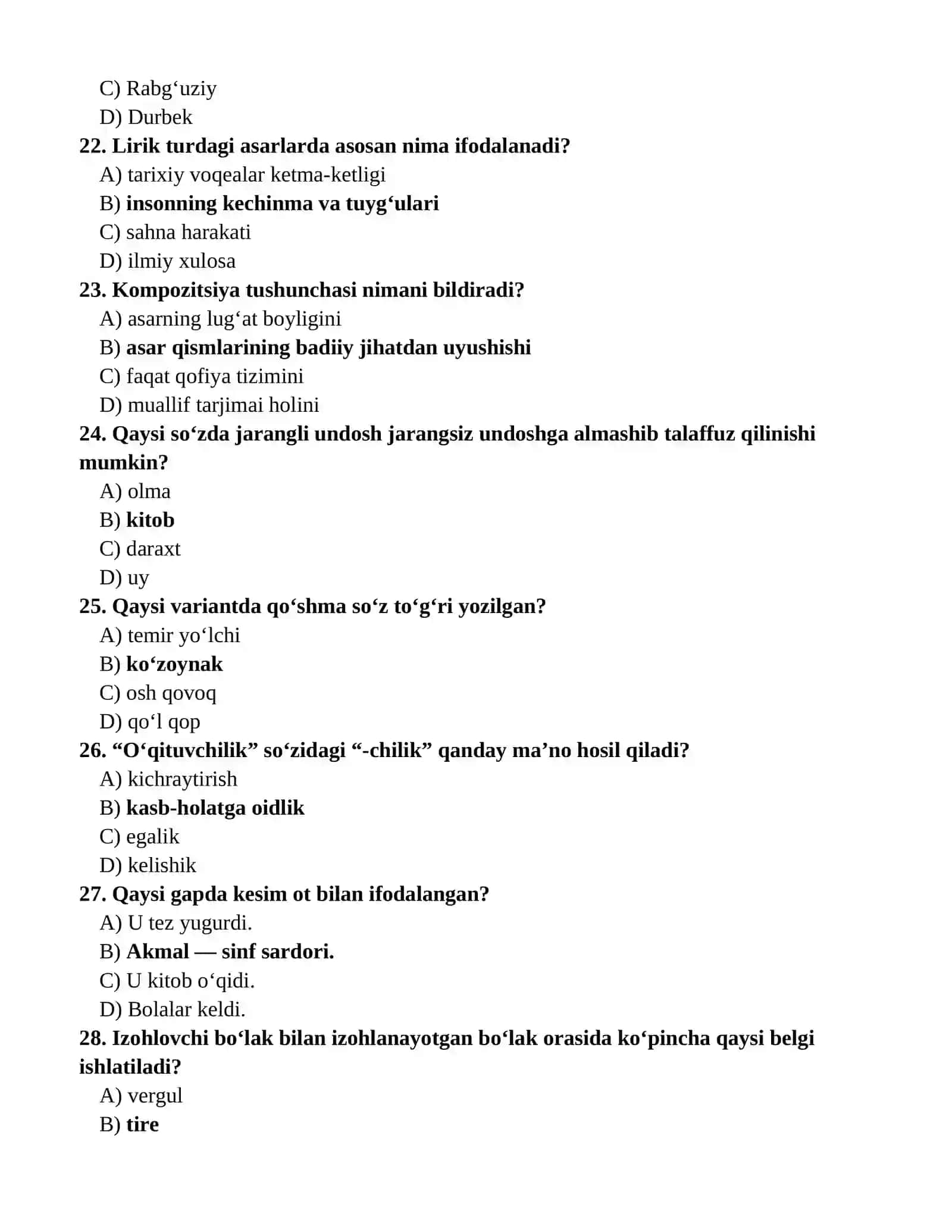 Ona tili va adabiyot  asosiy fanlar olimpiadasi 10-sinf 2025-2026 100 talik testlar banki (javoblari bilan) 4