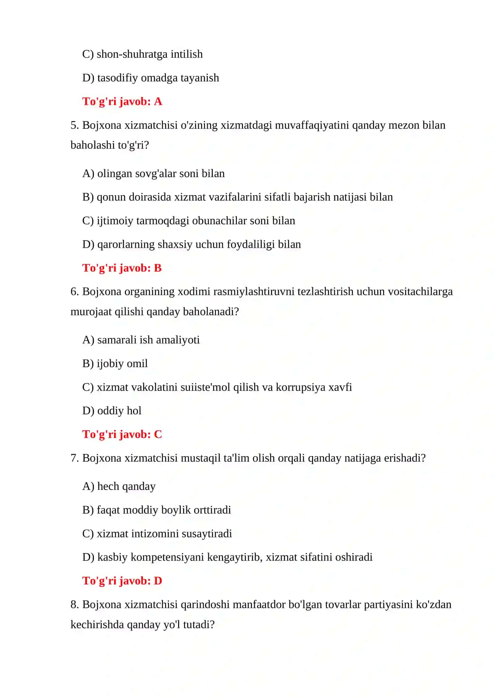 Bojxona Imtihon Testlari 4