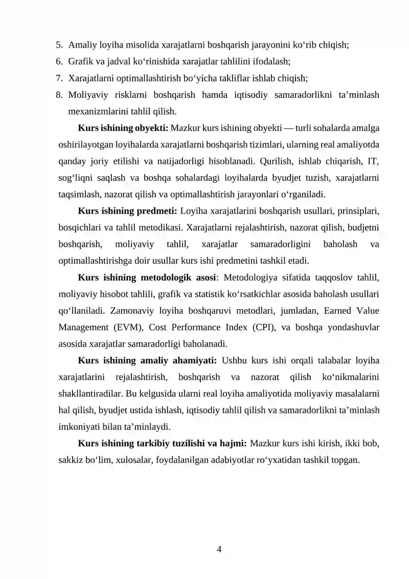 "LOYIHA XARAJATLARINI BOSHQARISHNI TAHLIL QILISH" MAVZUSIDA YOZGAN KURS ISHI 4