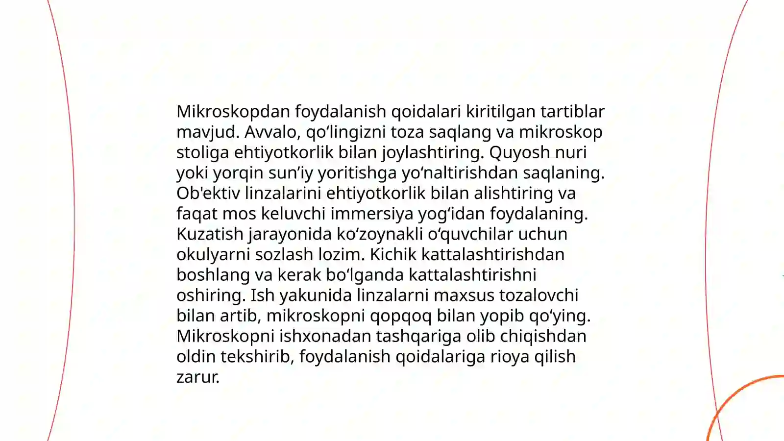 Mikroskop.Mikroskop bilan ishlash qoidasi.Vaqtinchalik pereparatlar tayyorlash.Viruslar.pro-eukariot hujayralar ularning òziga xos umumiy tuzulishi va farqlari.Eukariot hujayralarning ultrastrukturaviy tuzulishi.Hujayra membranasi uning nozik tuzulishi va hujayraga moddalarning kirishi 4
