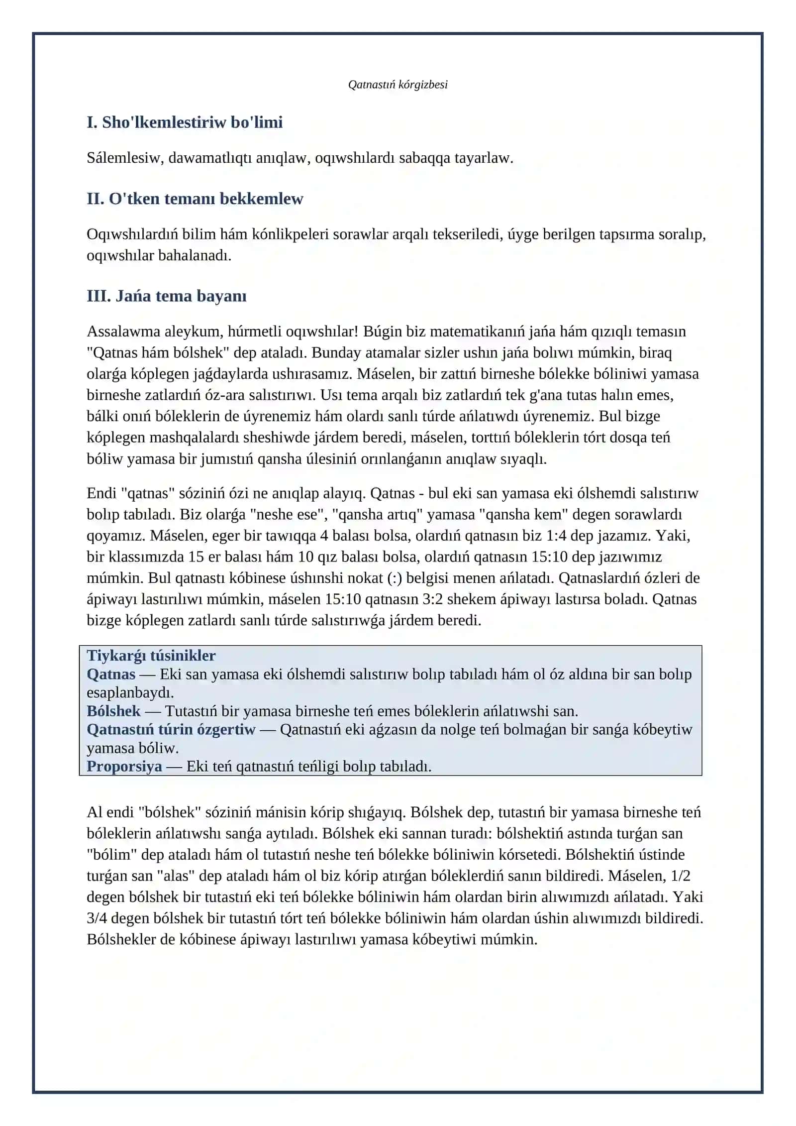 Lesson on Qatnas hám bólshek 4
